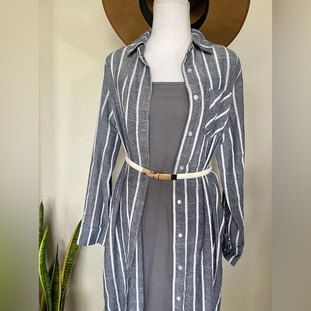 New - Striped Blue & White Sheer Swim Cover Up / Kimono / Button Up Shirt Dress - Picture 9 of 14